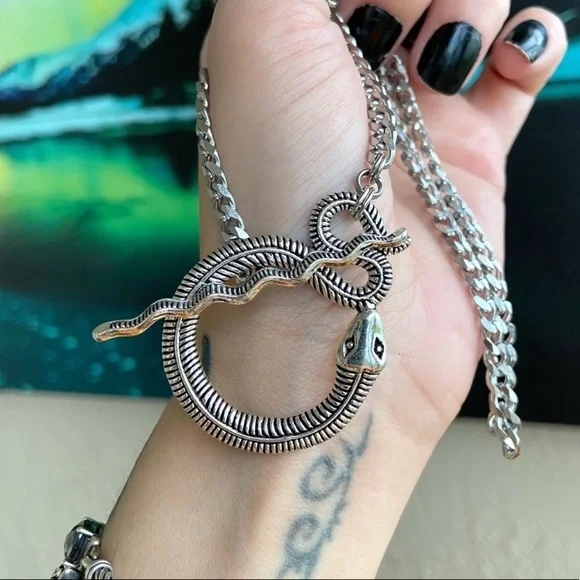 Snake goth silver choke necklace with stainless steel Cuban chain link - Picture 3 of 6